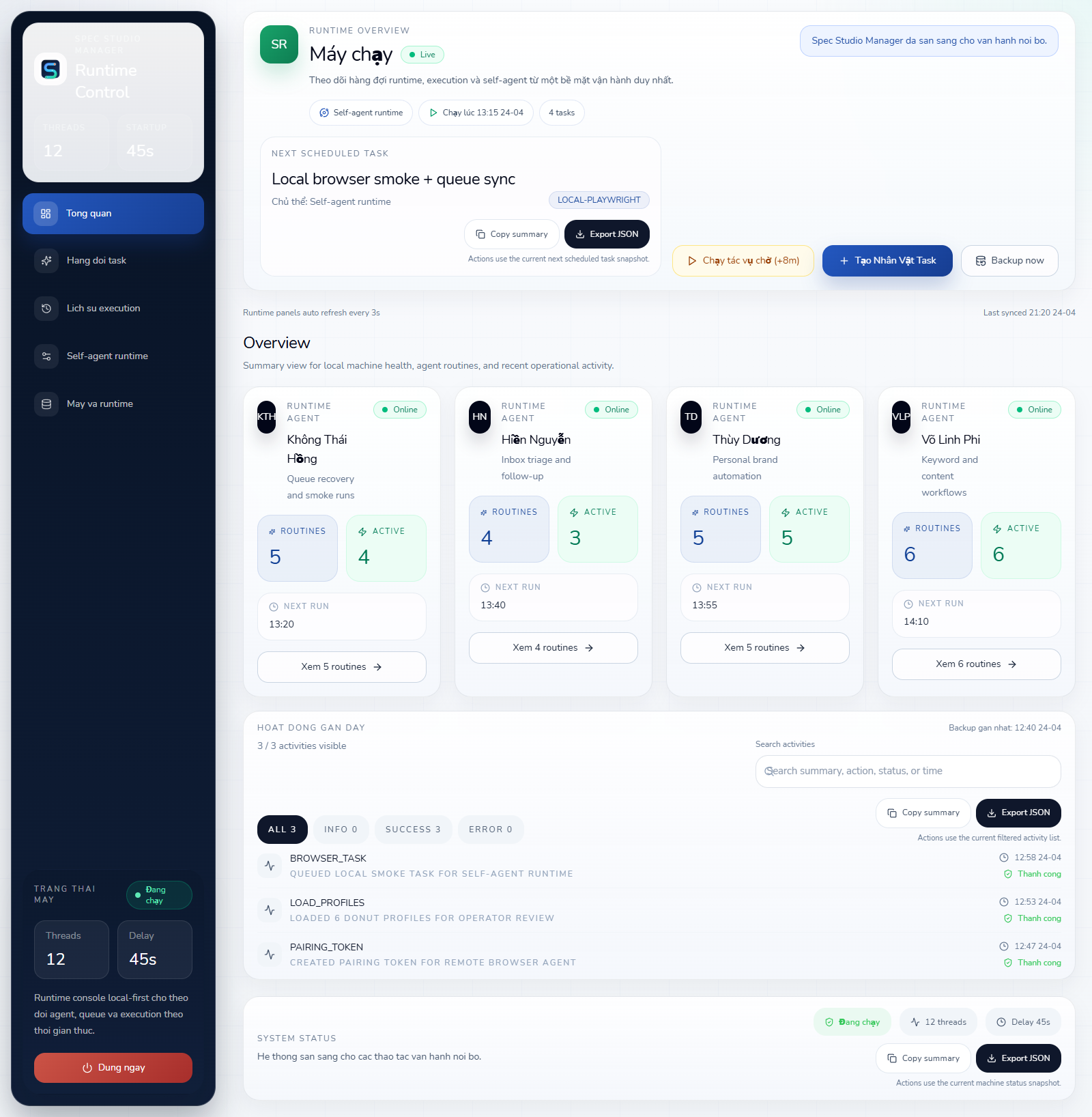 Spec Studio Manager runtime dashboard showing agent health, queue, and activity