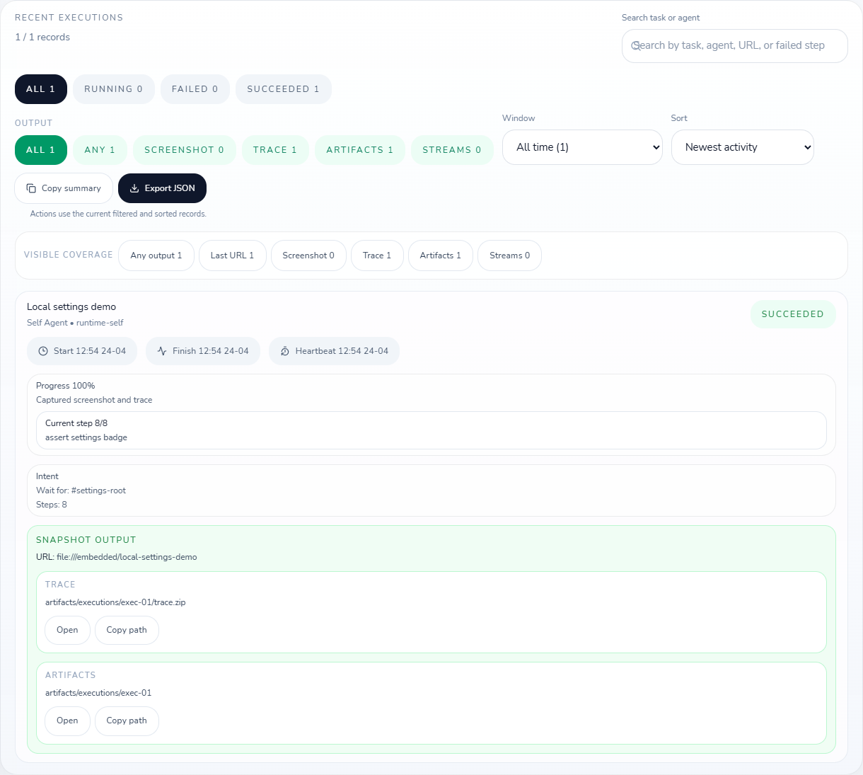 Recent executions panel showing browser task status and artifacts
